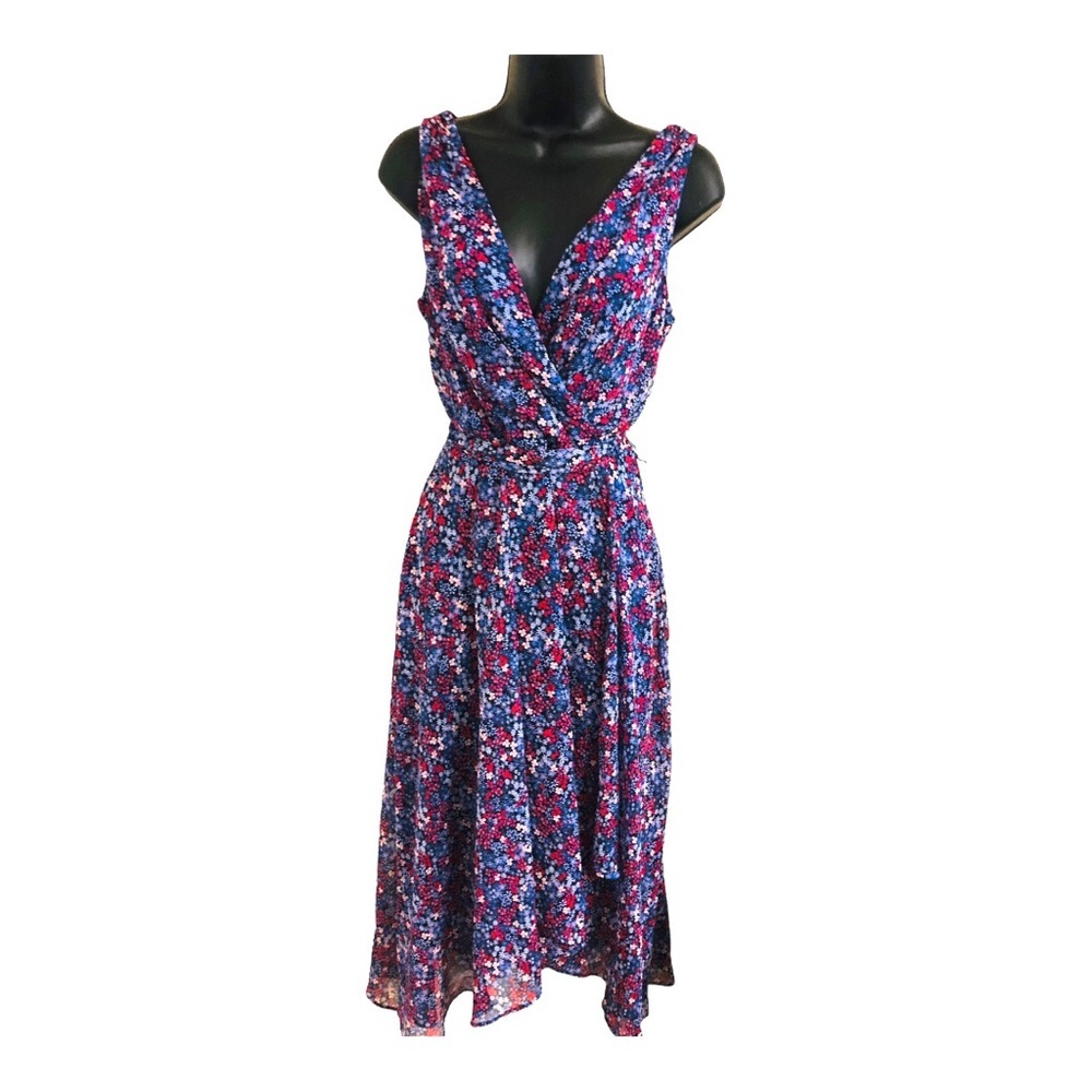 DKNY blue pink floral georgette v-front faux wrap wispy hi low dress size 4 new